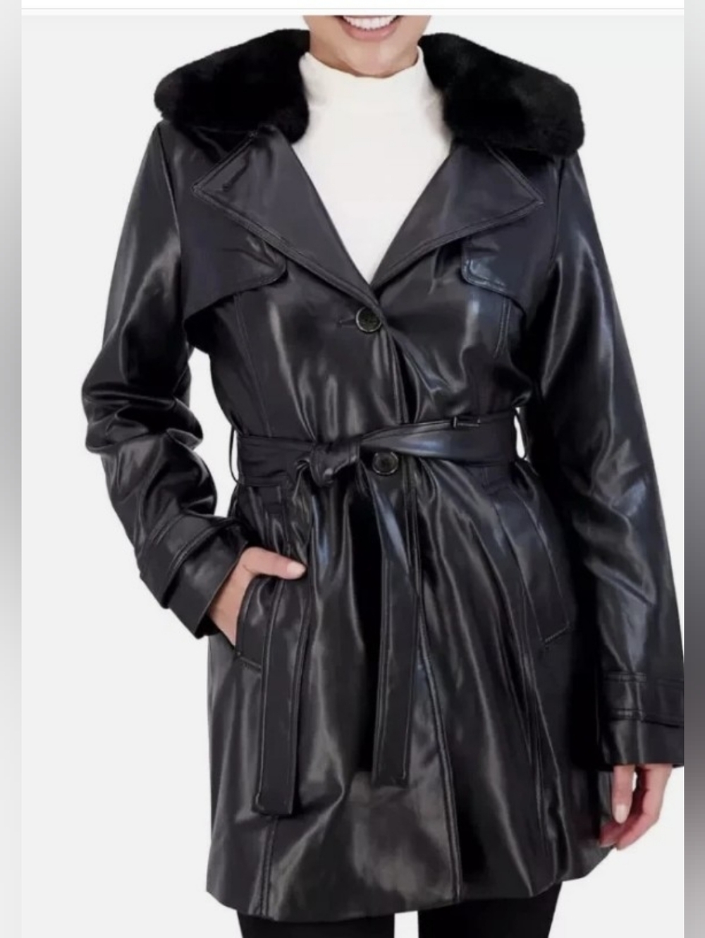 Vince Camuto- Black - Faux Leather Trench Coat - Size Small